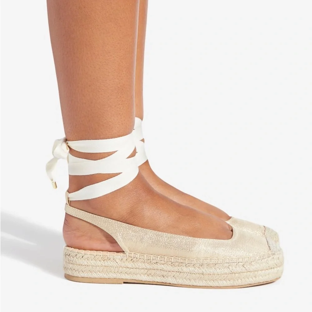 Shoe Dazzle Neutral Beige Espadrille Platform Wrap Flats